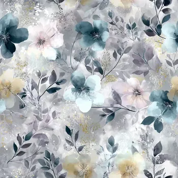 Úplet, Akvarelové květy modrošedé, svěle růžové (E) (Top kvalitní úplet Bella digitisk)