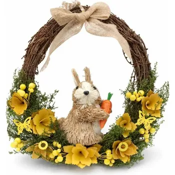Vánoční ozdoba DECOLED Velikonoční věnec na dveře 33 × 31 × 10 cm, proutí, žluté květy a zajíc s mrkví, venkovní
