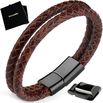 Náramek PÁNSKÝ NÁRAMEK DVOJITÝ NASTAVITELNÝ HNĚDÝ OCEL KŮŽE KVALITA VERSATILE