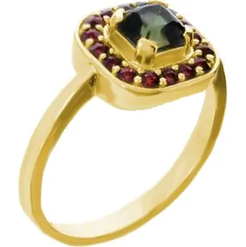Prsten Český granát pozlacený prsten stříbrný s vltavínem 121032Z Velikost: 52