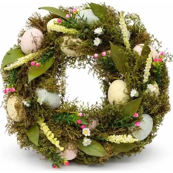 Vánoční ozdoba DECOLED Velikonoční věnec na dveře, 30 × 30 × 8 cm, traviny a vajíčka, venkovní
