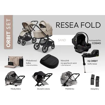 Kočárek Moon SET MAXI ORBIT ReSea FOLD SAND včetně adaptérů, pláštenky, nánožníku black, přebalovací tašky, moskytiéry, sluneční clony, autosedačky a báze IQ ORBIT