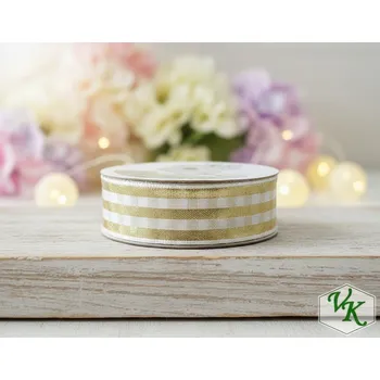 Stuha Kostková stuha s metaloplastem a drátem, 25 mm, bílo-zlatá