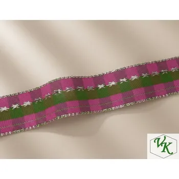 Stuha Kostková stuha s metaloplastem a drátem, 25mm, zeleno-růžová