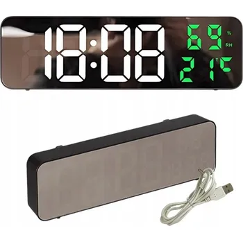 Hodiny ELEKTRONICKÉ DIGITÁLNÍ HODINY LED BUDÍK TEPLOMĚR ZRCADLO STOJÍCÍ USB BATERIE