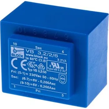 Transformátor Block Transformátor PCB, sekundární napětí: 6 V ac, počet výstupů: 2 Průchozí otvor 53 procent 3.2 VA