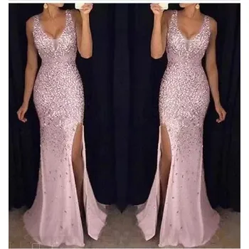 Dámské šaty Dlouhé večerní šaty s třpytkami a rozparkem - Růžové XL Barva: Růžová, Velikost: XL