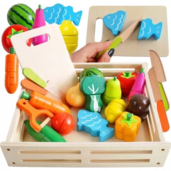 Dřevěná hračka Dřevěné ovoce a zelenina k krájení na Magnet Stavebnice 17 DÍLŮ. Bedýnka