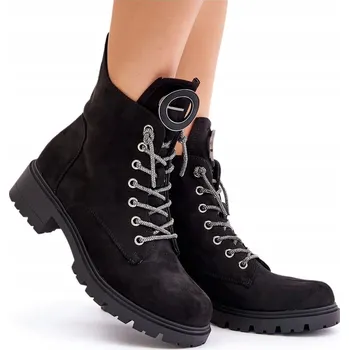 Dámské kozačky KOTNÍKOVÉ BOTY WORKERY ZATEPLENÉ OZDOBNÉ ŠNĚROVÁNÍ ZIP VINCEZA 16465 ČERNÉ 37