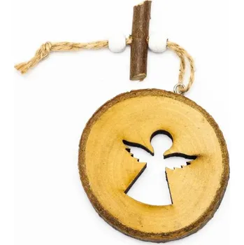 Vánoční dekorace DECOLED Vánoční dřevěná ozdoba na stromeček, anděl v kolečku, 7 cm, závěsná