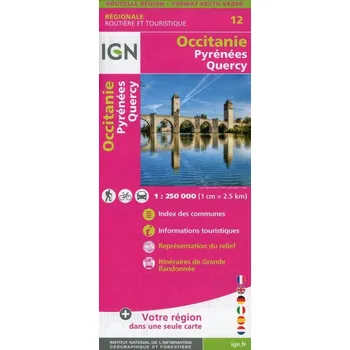 IGN mapa Occitanie,Pyrénées,Quercy (12) 1:250 t. - starší vydání