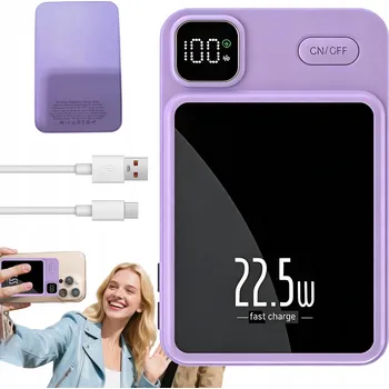 Powerbanka 10000mAh 22W MINI MAGNETICKÁ POWERBANKA FIALOVÁ BEZDRÁTOVÁ