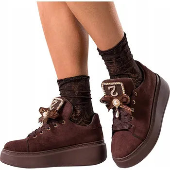 Dámské tenisky DÁMSKÉ SPORTOVNÍ TENISKY Čokoládové na Platformě s Odnímatelnou Ozdobou vel. 38