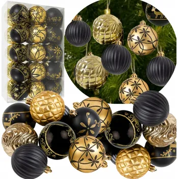 Vánoční dekorace VÁNOČNÍ BAŇKY NEROZBITNÉ VÁNOČNÍ OZDOBY SET černo-zlaté 30 ks