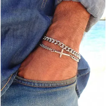 Náramek B-TOP Pánský dvouřadý nerezový náramek s přívěskem křížku