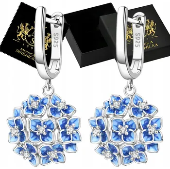 Náušnice Stříbrné Náušnice 925 Visací Modré Květiny Zirkony Anglické Zapínání