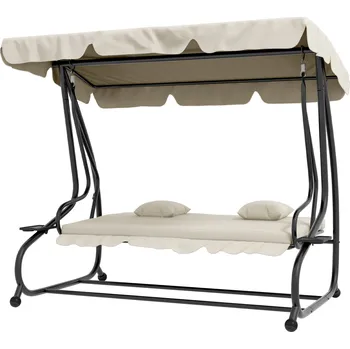 Křeslo Houpačka Outsunny 2 v 1 Hollywood s polohovací funkcí, nastavitelná stříška, až 340 kg, ocel, 200x120x164 cm, krémově bílá