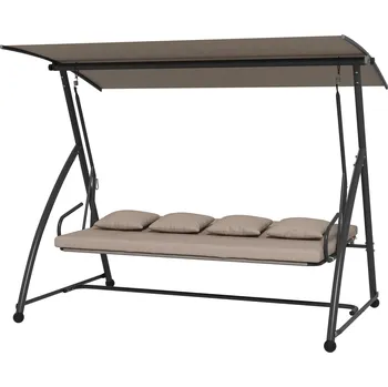 Křeslo Outsunny 2v1 hollywoodská houpačka s polohovací funkcí, 3místná zahradní houpačka z oceli, houpací lavice 170x110x153cm, světle hnědá