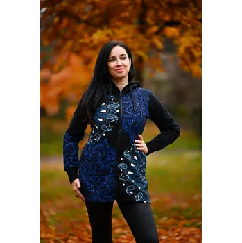 Dámská mikina Himalife Hřejivá mikina na zip s kapucí Lila - černá s tyrkysovou a modrou Velikost: XXL - Móda pro plnoštíhlé, Oblečení nadměrné velikosti