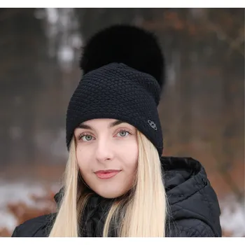 Čepice R-Jet Dámská zimní pletená čepice s kožešinovou bambulí 336 černá