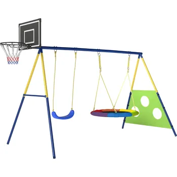 Dětská houpačka Houpačka AIYAPLAY 4 v 1 (do 150 kg) s houpačkou Nest, basketbalovým košem, fotbalovou brankou a U-houpačkou (288 x 160 x 220 cm)