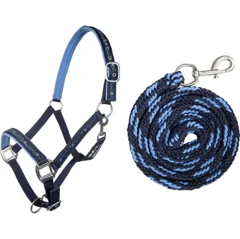 Set ohlávky s vodítkem HKM, tm. modrá/sv. modrá, Full