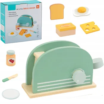 Dřevěná hračka Dřevěný toustovač pro děti s příslušenstvím, sada na snídani