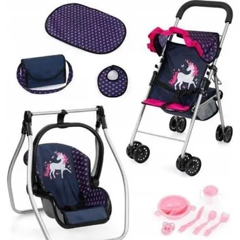 Kočárek pro panenku Bayer Kočárek pro panenky, tmavě modrý s jednorožcem a příslušenstvím