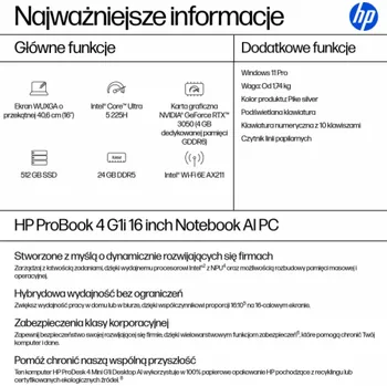 Notebook HP ProBook 4 G1i Ultra 5 225H 16.0"WUXGA IPS 300nits AG 24GB DDR5 5600 SSD512 Arc Cam1080p 56Wh W11Pro Pike silver aluminium 3Y OnSite