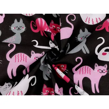 Bavlněná látka / plátno kočky METRÁŽ - 1 (209) černá růžová