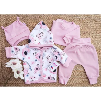 Kojenecká souprava AMÁLKA Souprava pro holčičku pudrově růžová, Ptáčci Květy Velikost: 62