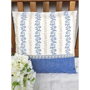 Povlak na polštářek Povlak na polštář 40 x 40 cm – Provence květinové pruhy v kombinaci s modrou v režném efektu