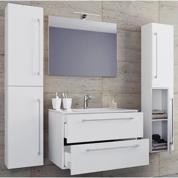 Koupelnový nábytek VCM 5dílná umyvadlová skříňka Badinos 2 zásuvky 80 cm se zrcadlem a 2 vysokými skříňkami, bílá 488010