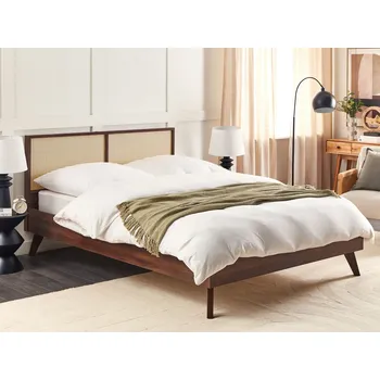 Postel Postel tmavé dřevo ratanová dřevotříska 180 x 200 cm základna postele s lamelovým rámem proutěné čelo moderní boho Beliani