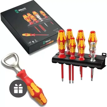 Kleště Wera 006147 Elektrikářské šroubováky Kraftform Plus VDE řada 100 typ 160 i/7 + zkoušečka napětí a otvírák (Sada 7 dílů + stojánek)