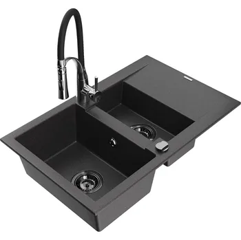 Granitový dřez MEXEN/S - Gaspar granitový dřez 1.5 s odkapávačem včetně baterie Aster, černá kropenatá 6507-76-73450-07-B