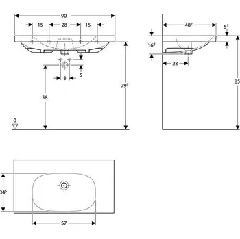 Umyvadlo Geberit Acanto umyvadlo s odkládací plochou 90x48,2 cm, bez otvoru pro baterii, s přepadem, KeraTect, bílá (500.624.01.8)