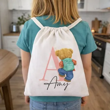 Bavlněný vak na záda S MEDVÍDKEM DO ŠKOLKY A DO ŠKOLY Barva: Růžová