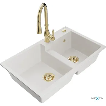 Granitový dřez MEXEN/S - Tomas granitový dřez 2-bowl včetně baterie Savita, bílá 6516-20-672601-50