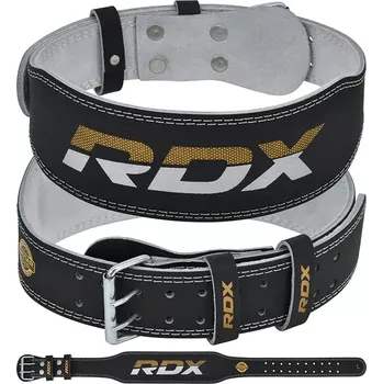 Bandáž na box a MMA RDX Vzpěračský opasek GYM BELT 4palcový kožený, černo zlatý, M