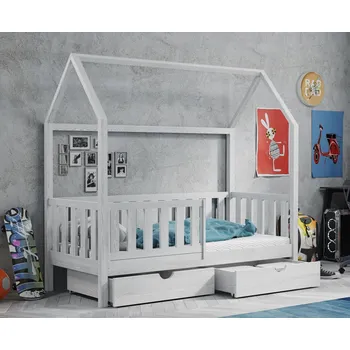 Dětská postel Dětská domečková postel z masivu borovice MAGDA se šuplíky - 200x90 cm - BÍLÁ