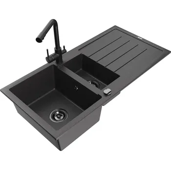 Granitový dřez MEXEN/S - Andres granitový dřez s odkapávačem včetně baterie Duero, černá nakrapiany 6515-76-671600-70-B