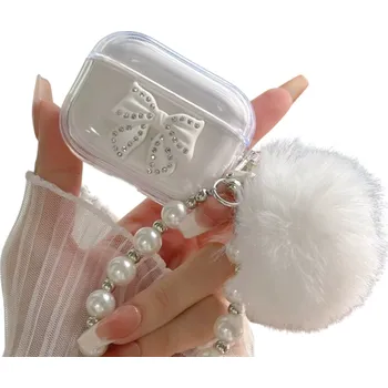 Příslušenství pro sluchátka Originální krystalový ochranný kryt s mašlí, přívěskem a chlupatou koulí pro Airpods 4, s perlovým přívěskem bílá