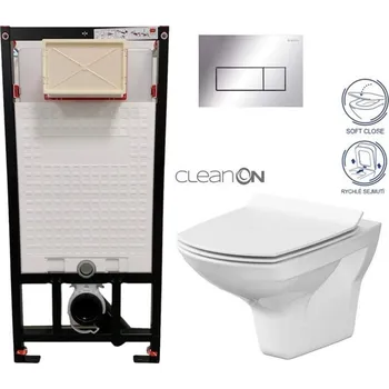 Klozet DEANTE Podomítkový rám, pro závěsné WC mísy + SLIM tlačítko chrom + WC CERSANIT CLEANON CARINA + SEDÁTKO CST_WC01 051P CA3