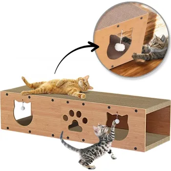 Kartonové škrabadlo s pelíškem pro kočky 30 x 30 x 100 cm hnědé