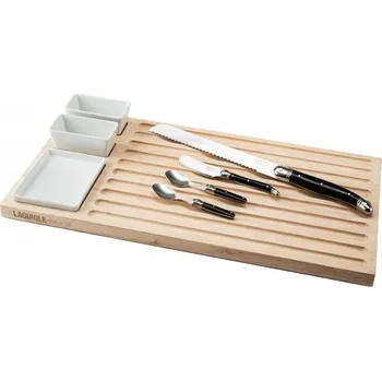 Zednická lžíce Style de Vie Laguiole Premium- dřevěné prkénko s třemi miskami, nožem na chléb, nožem na máslo a dvěmi lžícemi, rukojeť černá