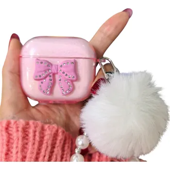 Příslušenství pro sluchátka Fascinující krystalový ochranný kryt s mašlí, přívěskem a chlupatou koulí pro Airpods 1 a 2, s perlovým přívěskem růžová