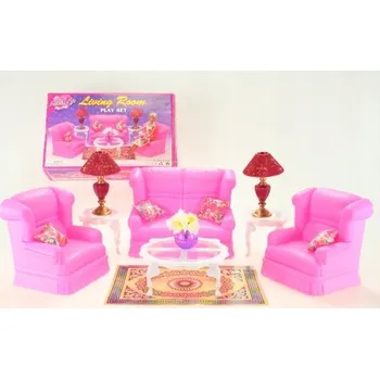Doplněk pro panenku Nábytek do obývacího pokoje pro panenky: pohovka, křesla, lampy, stůl