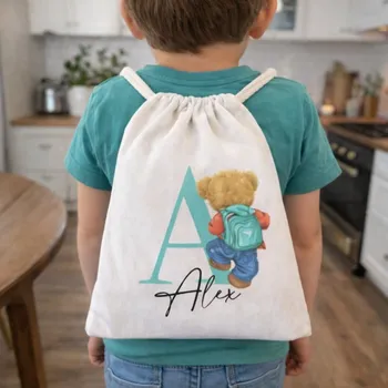 Bavlněný vak na záda S MEDVÍDKEM DO ŠKOLKY A DO ŠKOLY Barva: Modrá