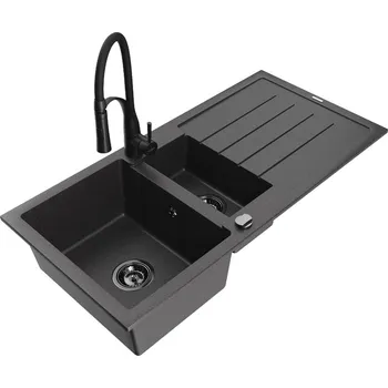 Granitový dřez MEXEN/S - Andres granitový dřez s odkapávačem včetně baterie Aster, černá nakrapiany 6515-76-73450-70-B